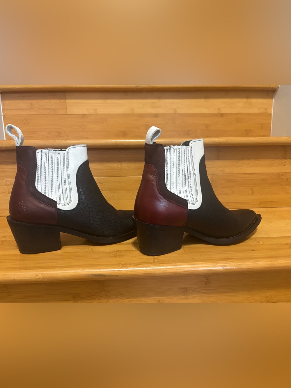 Fly London Two-Tone Chelsea Ankle Boots in Black, White & Brown